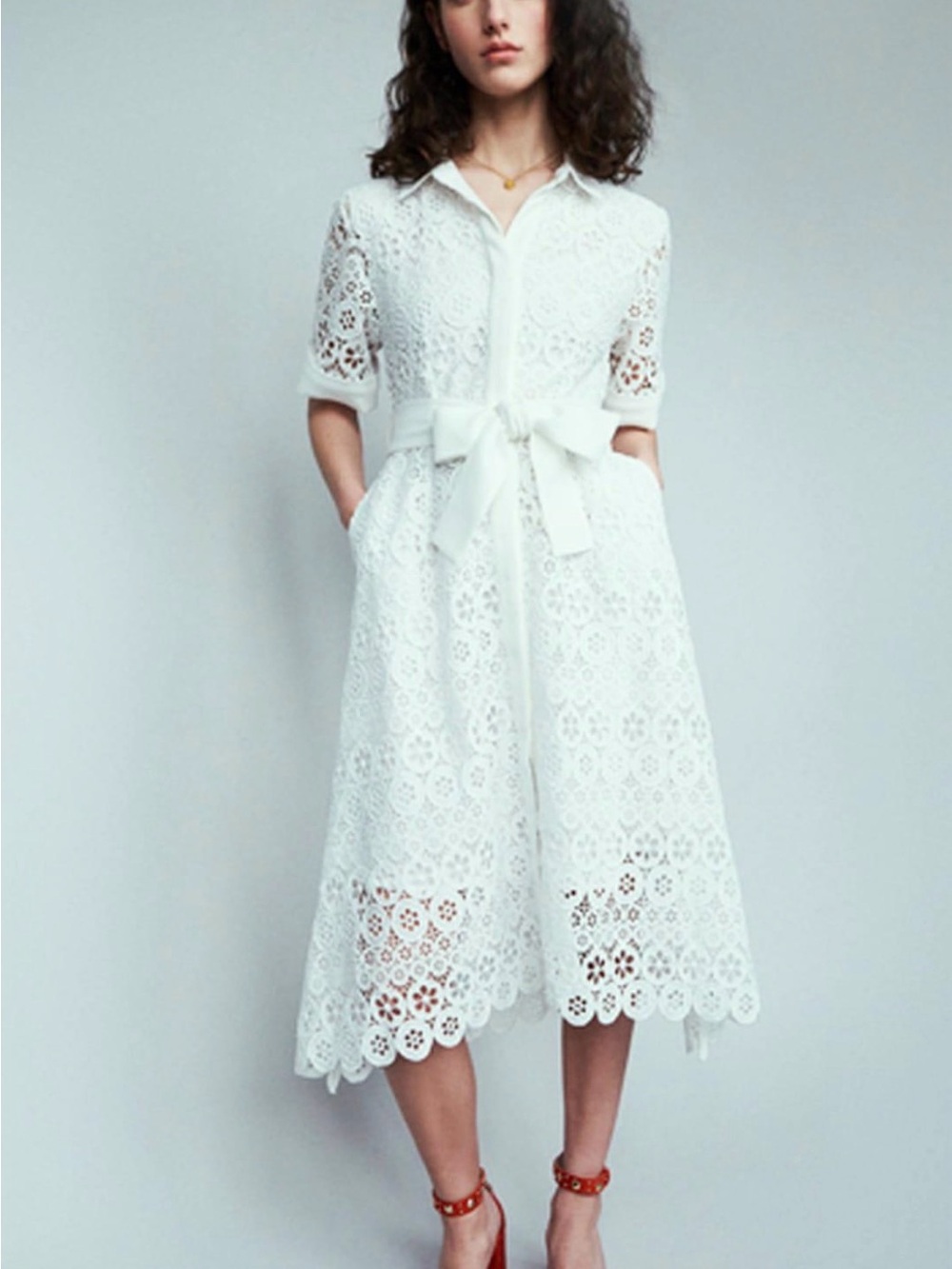 Maje White Eyelet Midi Shirt Dress with Tie Waist